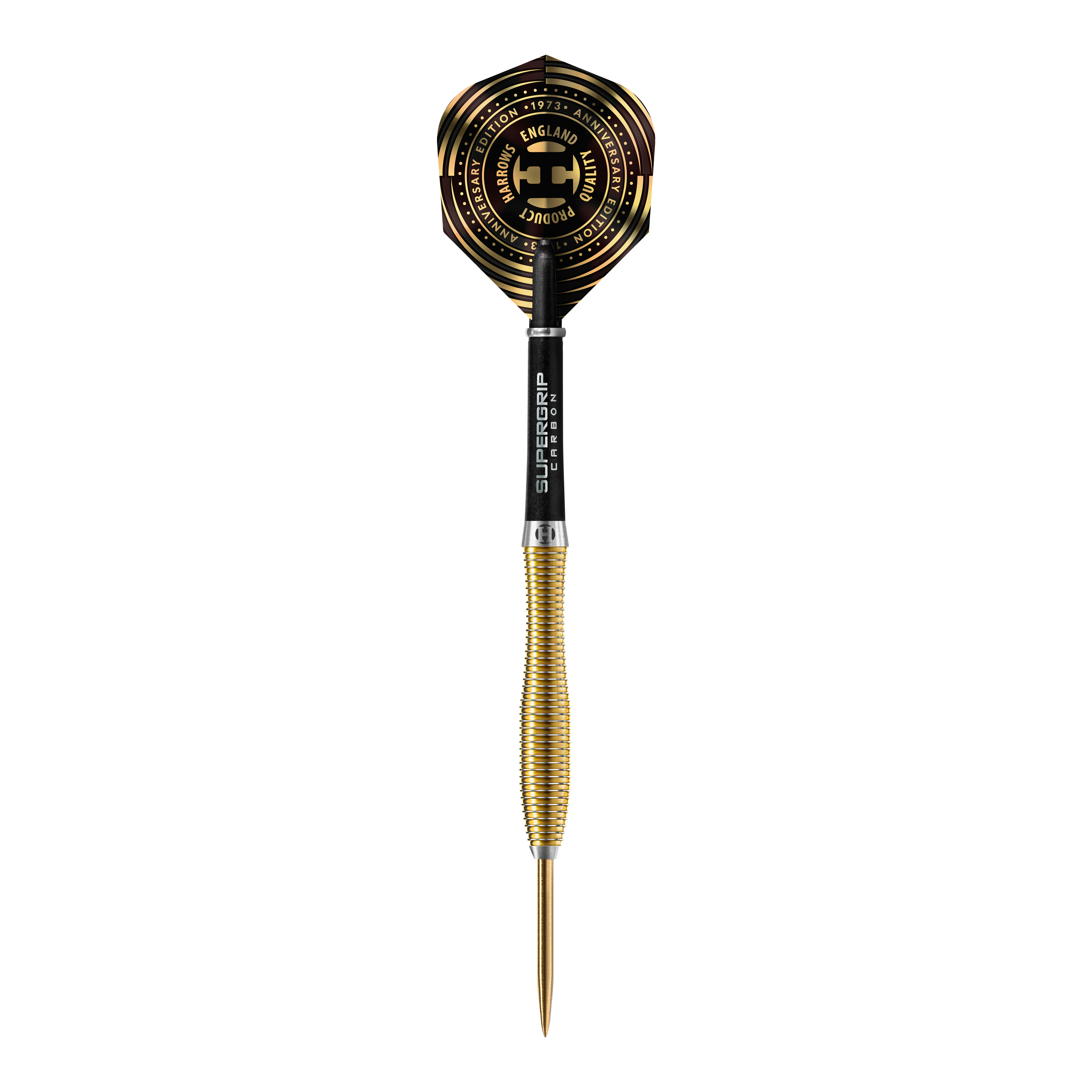Harrows Anniversary Edition V-Wing Steeldarts Dies ist ein goldfarbener Steeldart mit einer schwarzen und goldenen Flight. Auf dem Flight steht „Harrows Anniversary Edition“ und andere Beschriftungen in goldener Farbe.