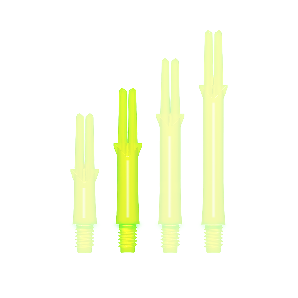 L-Style L-Shafts Locked Straight - Neon Yellow 190 Das Bild zeigt vier gerade, neon-gelbe Schäfte für Darts in unterschiedlichen Längen. Sie sind aus Kunststoff und haben ein Schraubgewinde am unteren Ende.