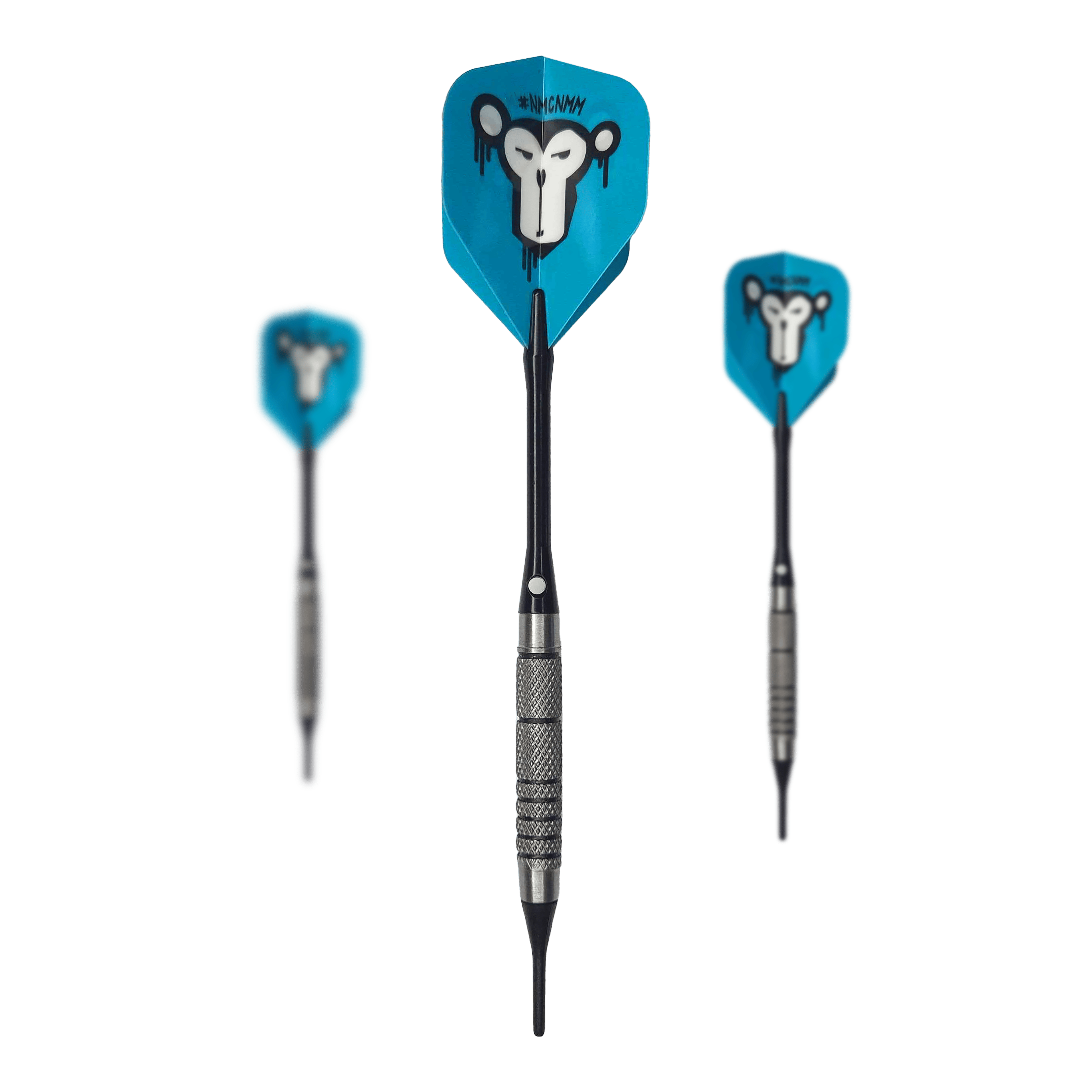 McDart 85er Tungsten V10 Softdarts - 17,5g Das Bild zeigt drei Softdarts des Modells "McDart 85er Tungsten V10" mit einem Gewicht von 17,5g. Die Flights der Darts sind blau und mit einem Affenkopf-Motiv bedruckt.