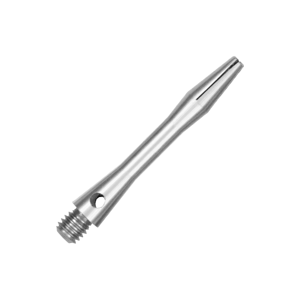 517_Aluminium_Shafts_Silber_35mm_2 Das Bild zeigt einen silbernen Aluminiumschaft. Der Schaft hat ein glattes, glänzendes Design mit einem Gewinde am Ende.