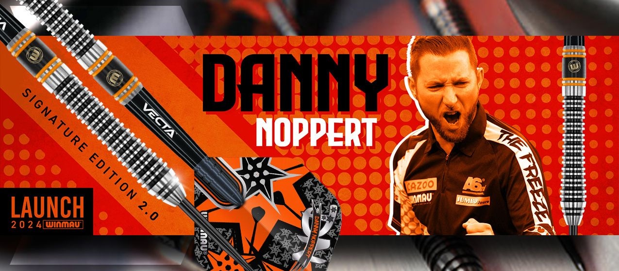 Auf dem Bild ist ein Dartspieler mit dem Namen Danny Noppert vor einem orange-roten Hintergrund zu sehen. Daneben sind Darts und die Worte „Signature Edition 2.0“ sowie „Launch 2024 Winmau“ abgebildet.