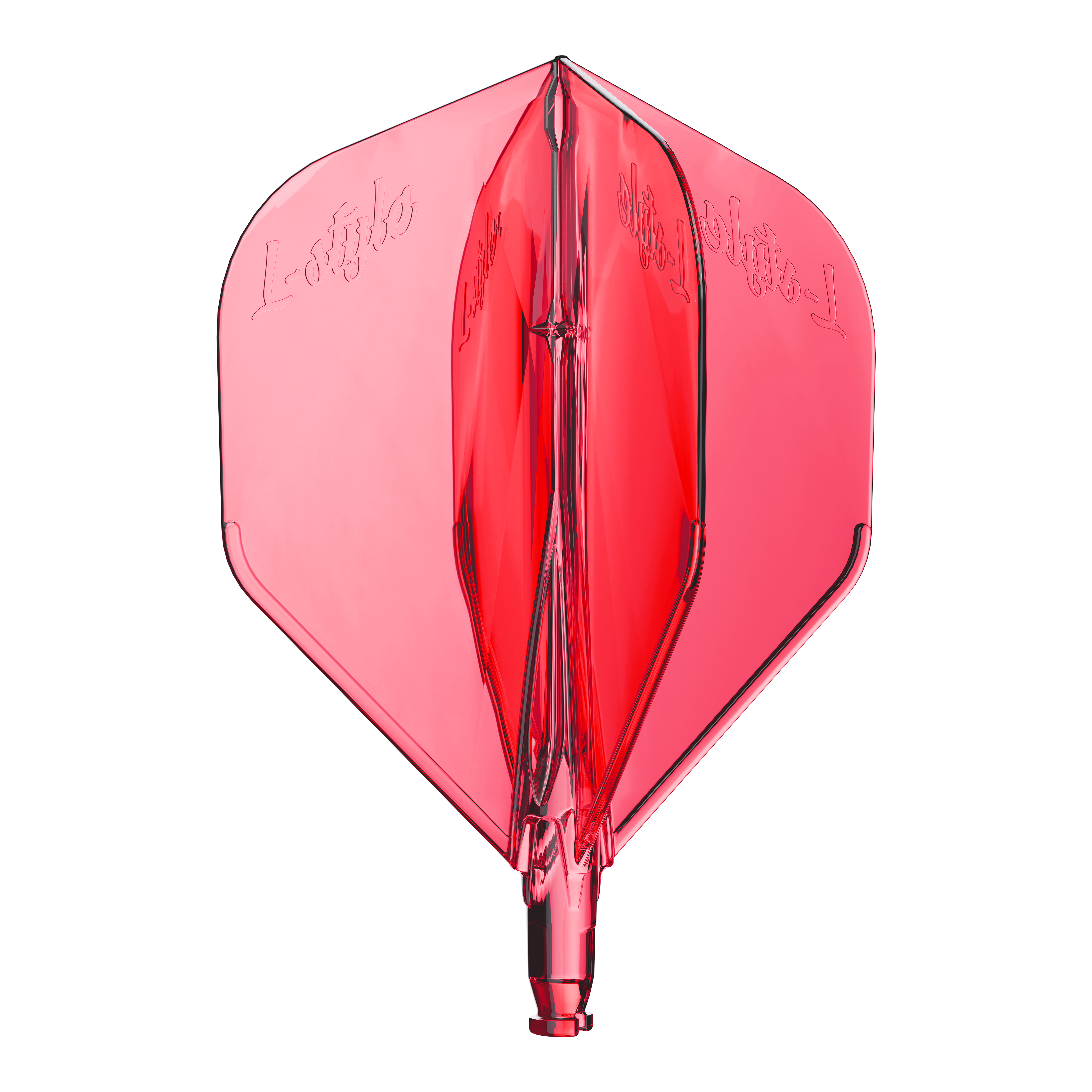 L-Style L-System L1 Ersatzflight Abgebildet ist ein durchsichtiger roter Ersatzflight für Dartpfeile. Die Oberfläche ist glatt und detailiert.