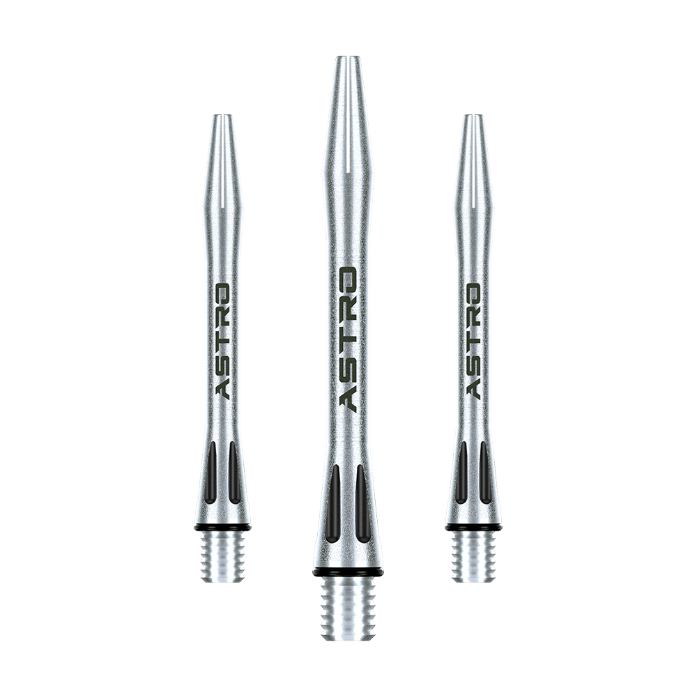 7012-401_Winmau_Astro_Aluminium_Shafts_Schwarz_41mm_1 Das Bild zeigt drei silberne Winmau Astro Aluminium Shafts für Darts. Auf jedem Shaft steht das Wort "ASTRO" in schwarzer Schrift.