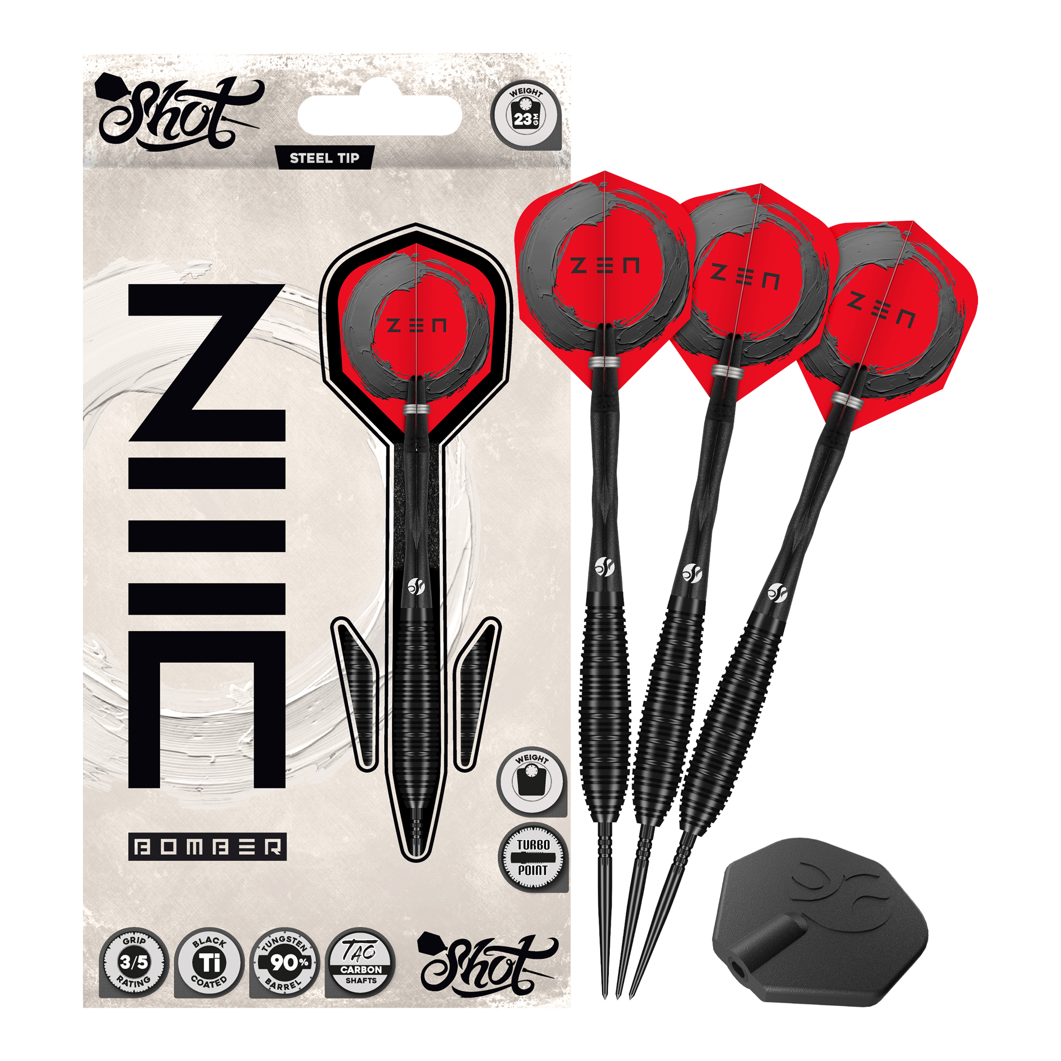 Shot ZEN Bomber Turbo Point Steeldarts Auf dem Foto ist das Set Shot ZEN Bomber Turbo Point Steeldarts vollständig abgebildet. Dieses Set enthält alle notwendigen Darts für das Spiel.