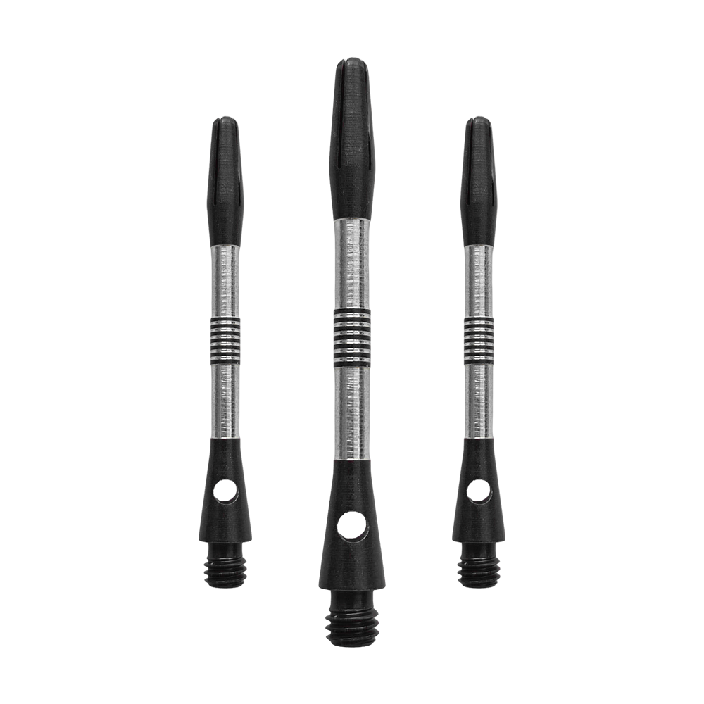 Das Bild zeigt ein Set schwarzer Aluminium Dart Schäfte mit 48mm Länge. Geeignet für Dartspieler, die stabile Schäfte suchen.