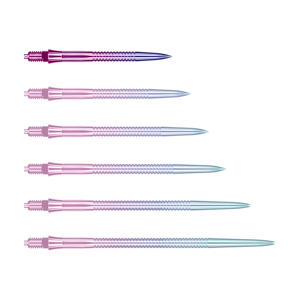 Caliburn EZ-EVO Dartspitzen - Grooved - Rainbow Das Bild zeigt eine einzelne EVO205 Caliburn EZ-EVO Dartspitze Grooved Rainbow 28mm. Die Spitze hat eine auffällige Regenbogenfarbe und eine gerillte Oberfläche.