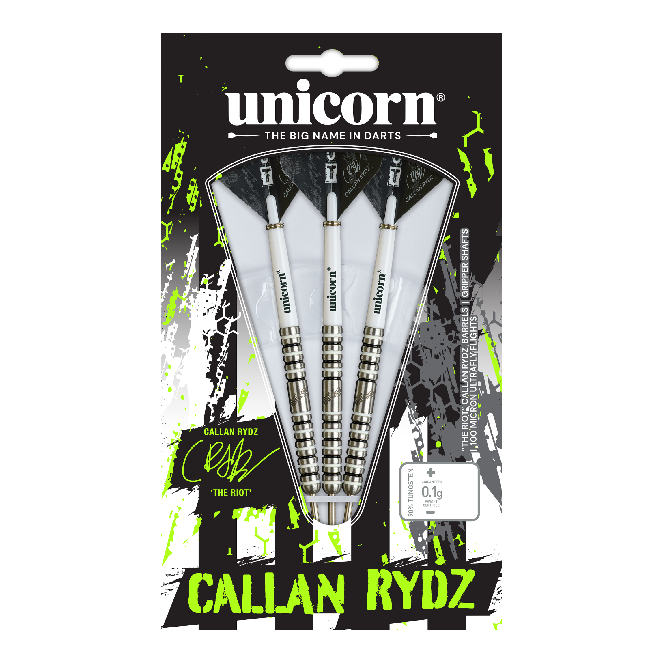 Unicorn Callan Rydz The Riot Phase 2 Steeldarts Das Bild zeigt einen Steeldart aus der Callan Rydz The Riot Phase2 Serie. Es handelt sich um einen hochwertigen Dartpfeil für ambitionierte Spieler.