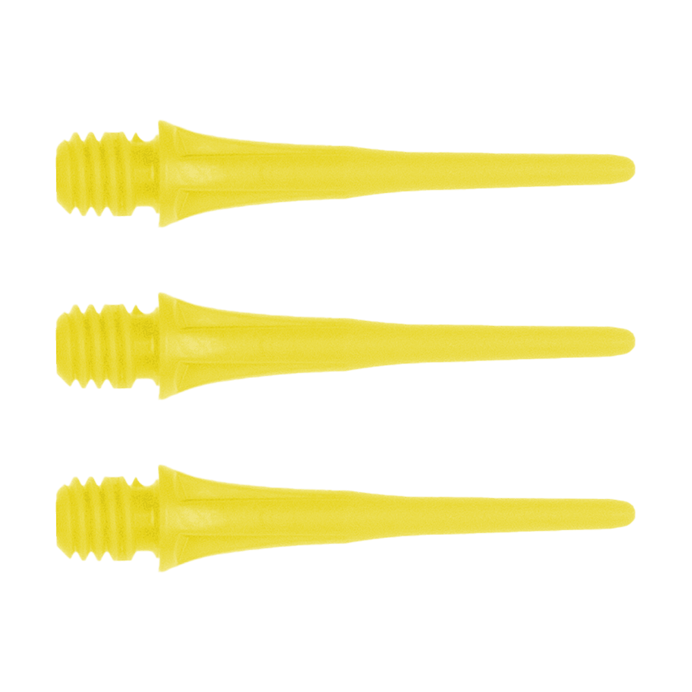 X9052_Cosmo_Fit_Point_Plus_2BA_Spitzen_Gelb_1KftpkLJxaSQnY Das Bild zeigt drei gelbe Dartspitzen mit Gewinde. Es handelt sich um das Produkt "Cosmo Fit Point Plus 2BA Spitzen 25mm (50er Pack)".