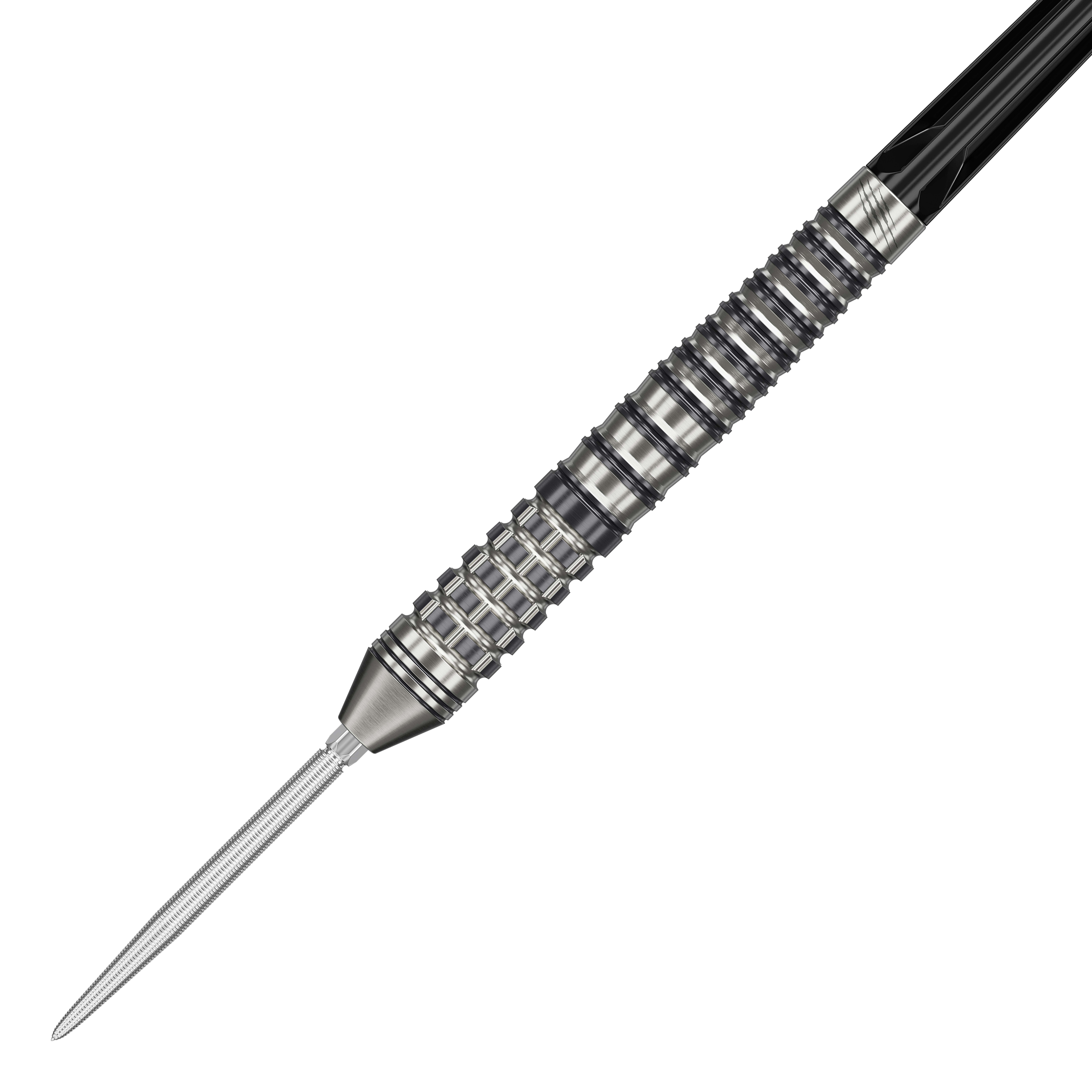 Das Bild zeigt einen Target Black Marque Renegade 4 Swiss Point Steeldart. Der Dartpfeil hat eine silberne Spitze und einen strukturierten, geriffelten Griffbereich.