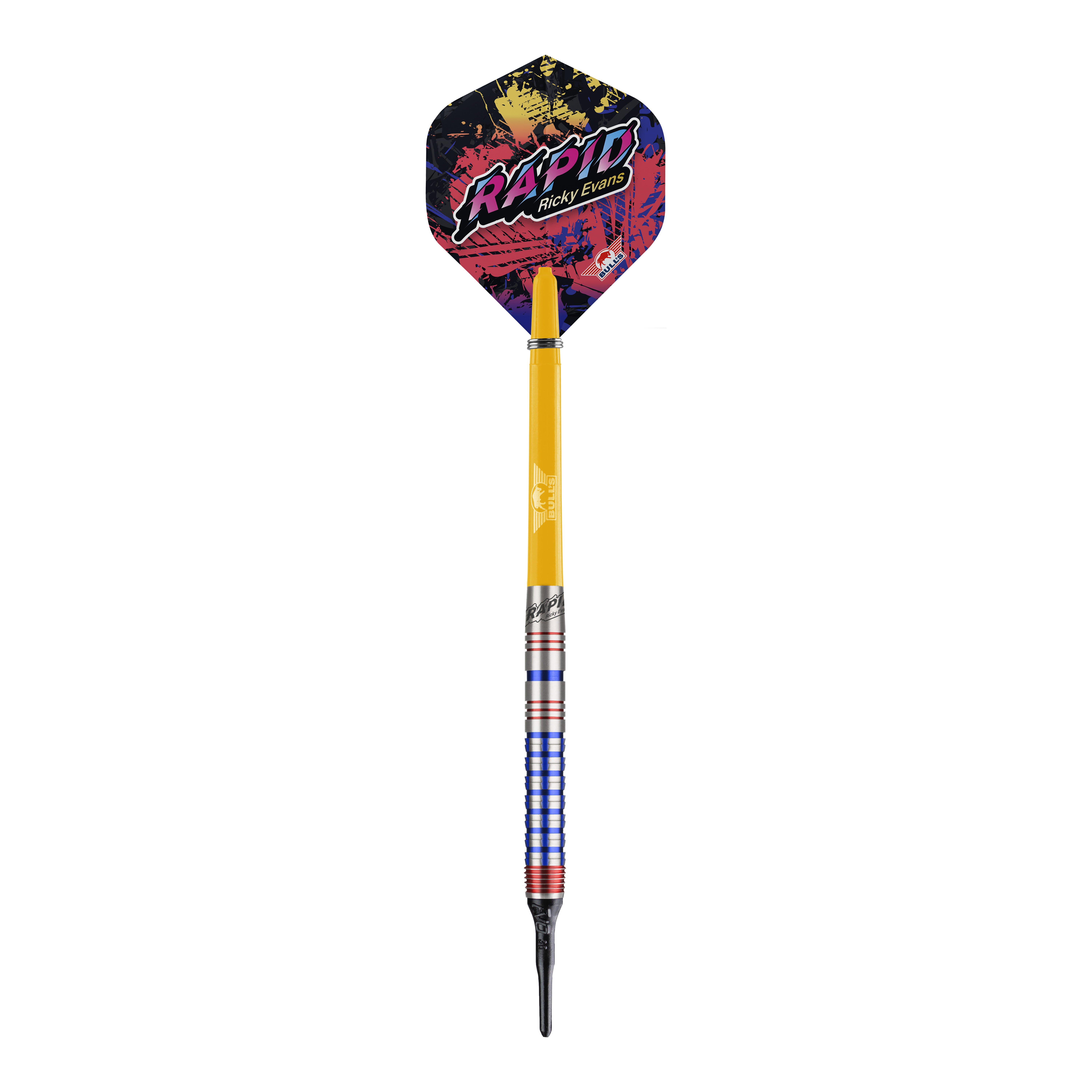 Bulls NL Ricky Evans Rapid Edition One Softdarts - 20g Das Bild zeigt einen Softdart aus der Serie "Bulls NL Ricky Evans Rapid Edition One" mit einem Gewicht von 20 Gramm. Der Dart hat bunte Akzente, einen gelben Schaft und eine auffällige Flights mit dem Schriftzug "RAPID Ricky Evans".