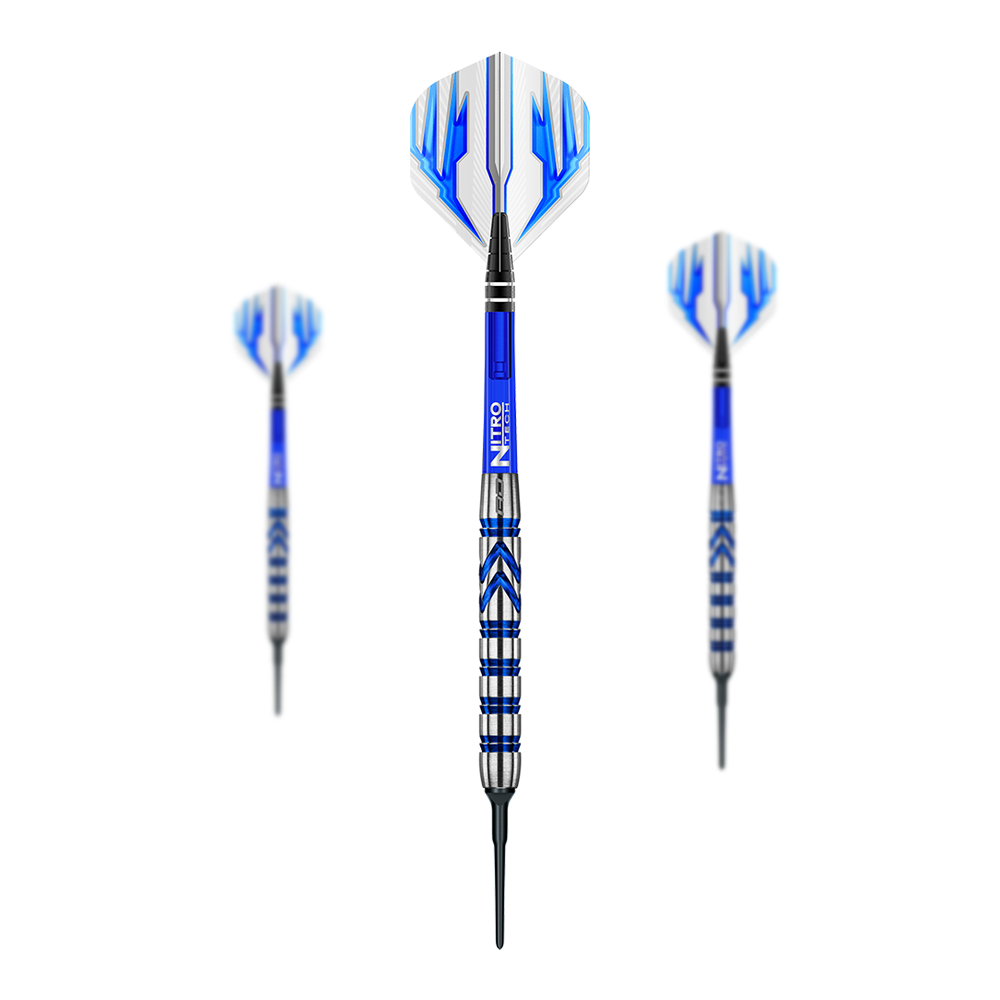 Red Dragon Gerwyn Price Iceman Softdarts Auf dem Bild sind drei Softdarts des Modells "Red Dragon Gerwyn Price Iceman" zu sehen. Die Darts haben blaue und silberne Akzente sowie blau-weiße Flights.