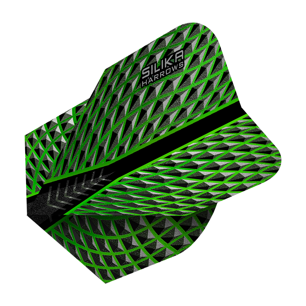 HR57_Harrows_Silika_Green_No6_Flights_2 Das Bild zeigt das Produkt "Harrows Silika Green No6 Flights". Die Dartflights haben ein geometrisches Muster in Schwarz, Grau und Grün mit dem Aufdruck "Silika Harrows".