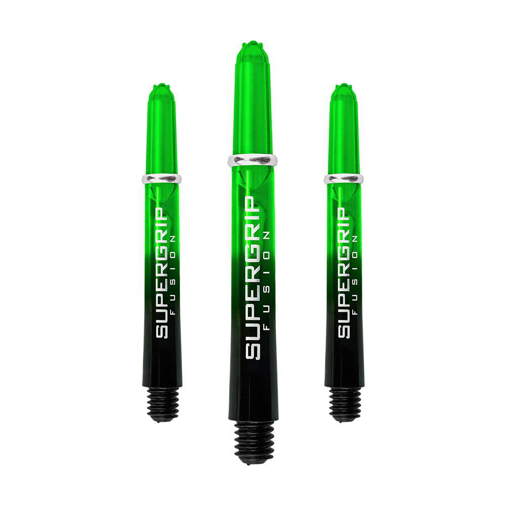 HR340_Harrows_Supergrip_Fusion_Shafts_Gr-n_40mm_16ihaQDlU3fr0w Das Bild zeigt drei grüne Harrows Supergrip Fusion Shafts. Die Shafts sind schwarz und grün mit weißer Aufschrift.