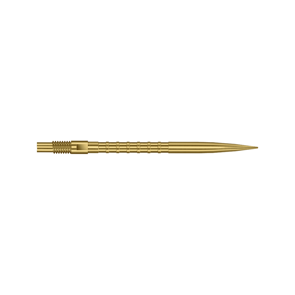 Ein Bild von Harrows Quick Point Heavy Metal Grip Dartspitzen in Gold, 35 mm. Die Dartspitze ist deutlich mit strukturiertem Griff zu erkennen.