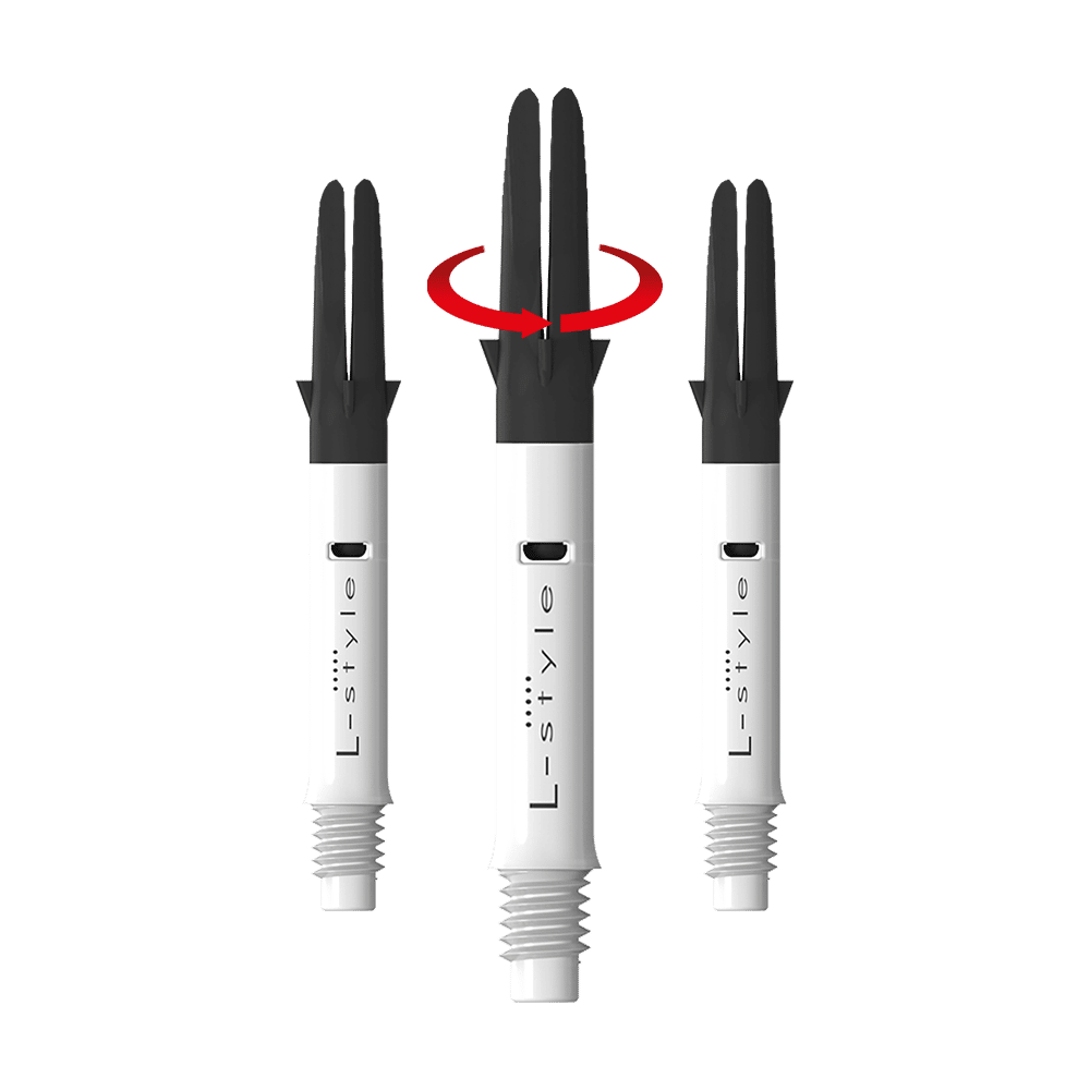 L-Style L-Shaft Carbon Silent Straight - Weiß Auf dem Bild sind drei weiße L-Style Dartschäfte mit schwarzem oberen Teil zu sehen. In der Mitte zeigt ein roter Pfeil, dass sich der obere Teil des Schafts drehen kann.