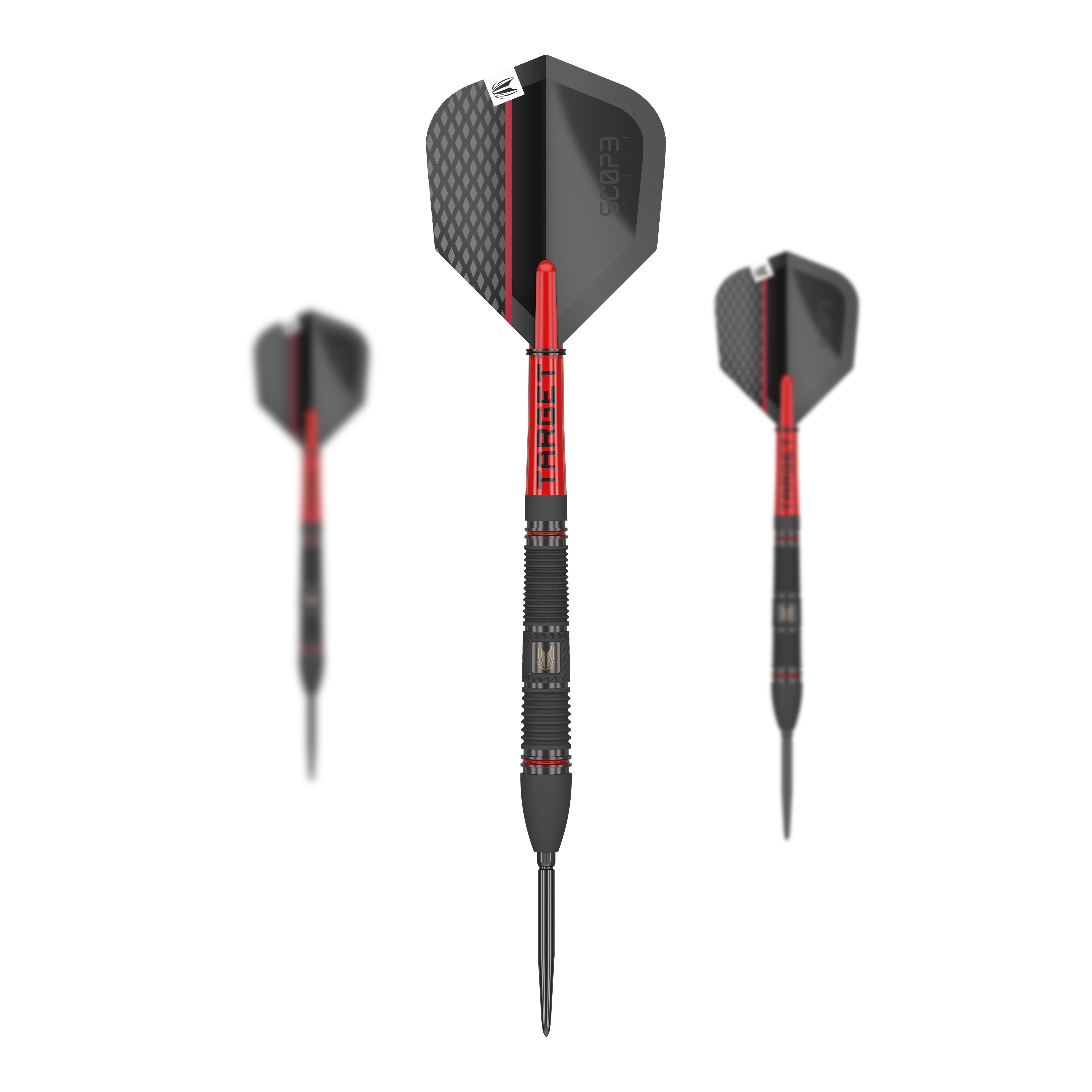 Target Scope 02 Swiss Point Steeldarts Auf dem Bild sind drei Target Scope 02 Swiss Point Steeldarts zu sehen. Die Darts haben ein modernes Design in Schwarz und Rot mit strukturierten Flights.