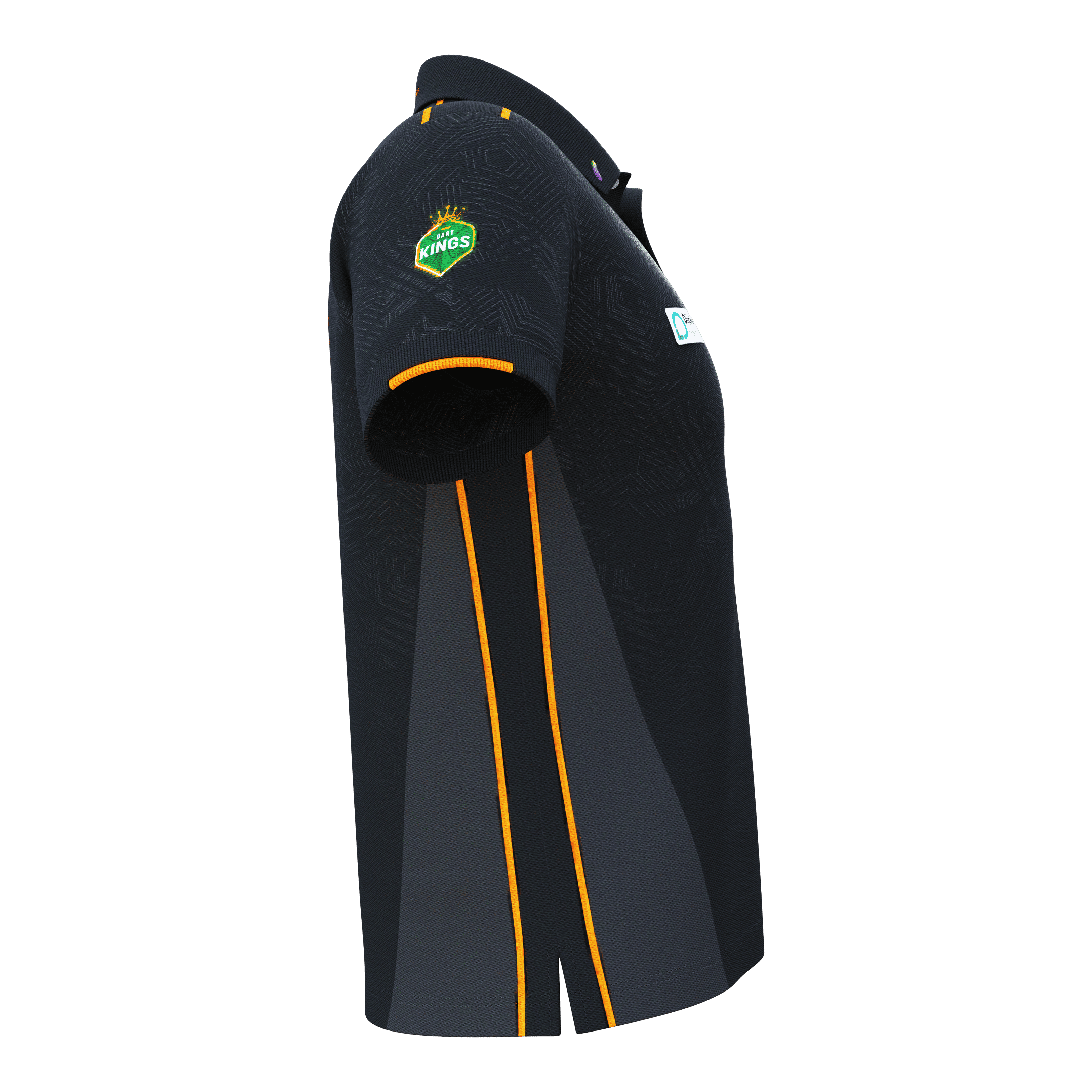 Bulls NL Dirk Van Duijvenbode Matchshirt 2025 Das Bild zeigt das 'Bulls NL Dirk Van Duijvenbode Matchshirt 2025'. Das Shirt ist überwiegend schwarz mit orangefarbenen Streifen und einem Logo auf dem Ärmel.