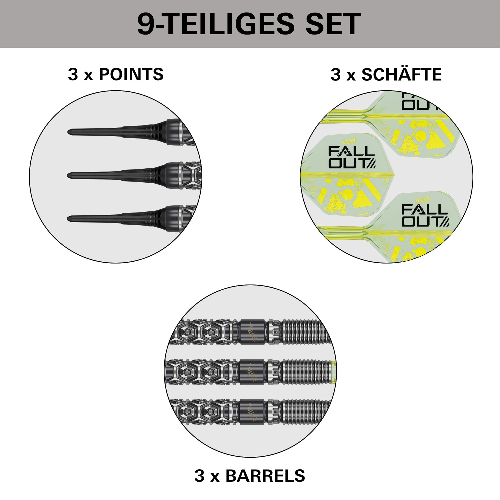 Target Luke Littler Nuke Fallout Softdarts - 19g Zu sehen ist das Produkt Target Luke Littler Nuke Fallout Softdarts - 19g. Die Aufnahme zeigt Details des Softdarts.