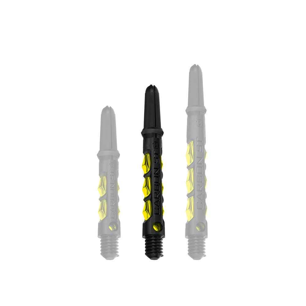 HR420_Harrows_Carbon_ST_Shafts_Gelb_40mm_1 Das Bild zeigt drei Harrows Carbon ST Shafts in der Farbe Gelb. Die Dartschäfte sind schwarz mit gelben Akzenten und in unterschiedlichen Längen abgebildet.