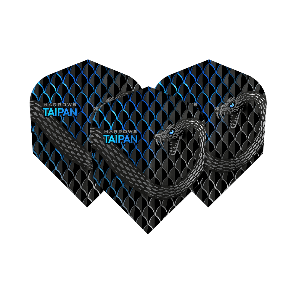 HR26_Harrows_Taipan_Aqua_Standard_Flights_1sY67qqWwKgomJ Das Bild zeigt die Harrows Taipan Standard Flights. Die Flights sind schwarz mit einem Schuppenmuster und einer Schlangengrafik gestaltet.