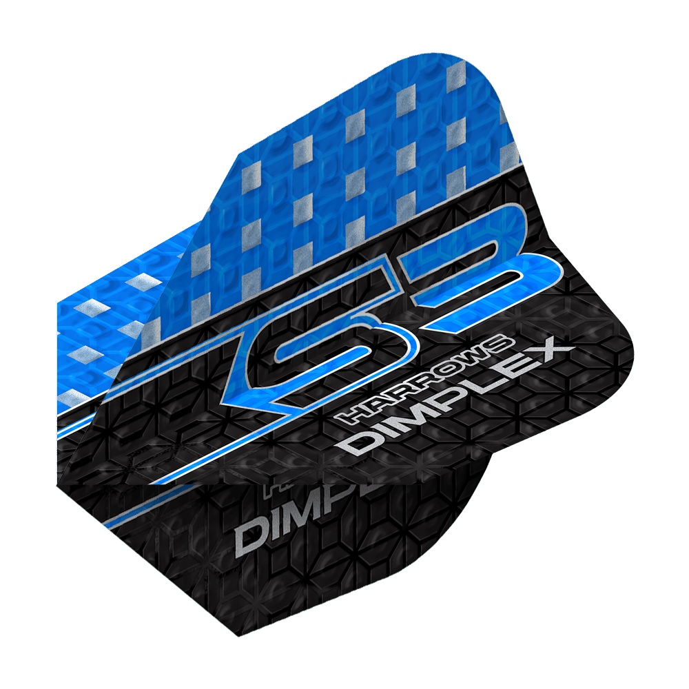 Harrows Dimplex S3 Flights - Blau Das Bild zeigt ein Harrows Dimplex S3 Flight in Blau. Das Flight hat ein blau-schwarzes Design mit silbernen Akzenten und der Aufschrift "S3 Harrows Dimplex".