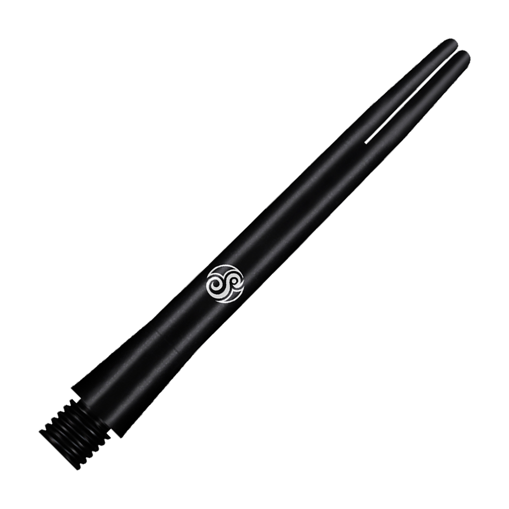 SM3809-M_Shot_Aluminium_Shafts_Black_47mm_2 Dies ist ein schwarzer Shot Aluminium Schaft. Er hat ein schlankes Design mit einem weißen Logo in der Mitte.