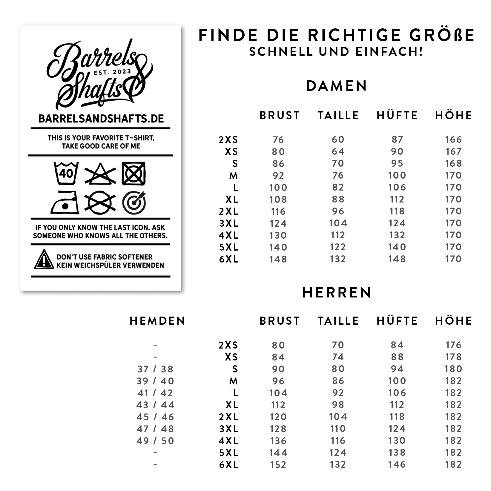 Barrels and Shafts Hoodie - Schwarz Das Bild zeigt die Größentabelle für das Produkt "Barrels and Shafts Hoodie - Schwarz" für Damen und Herren. Links sind außerdem Pflegehinweise für das Produkt abgebildet.