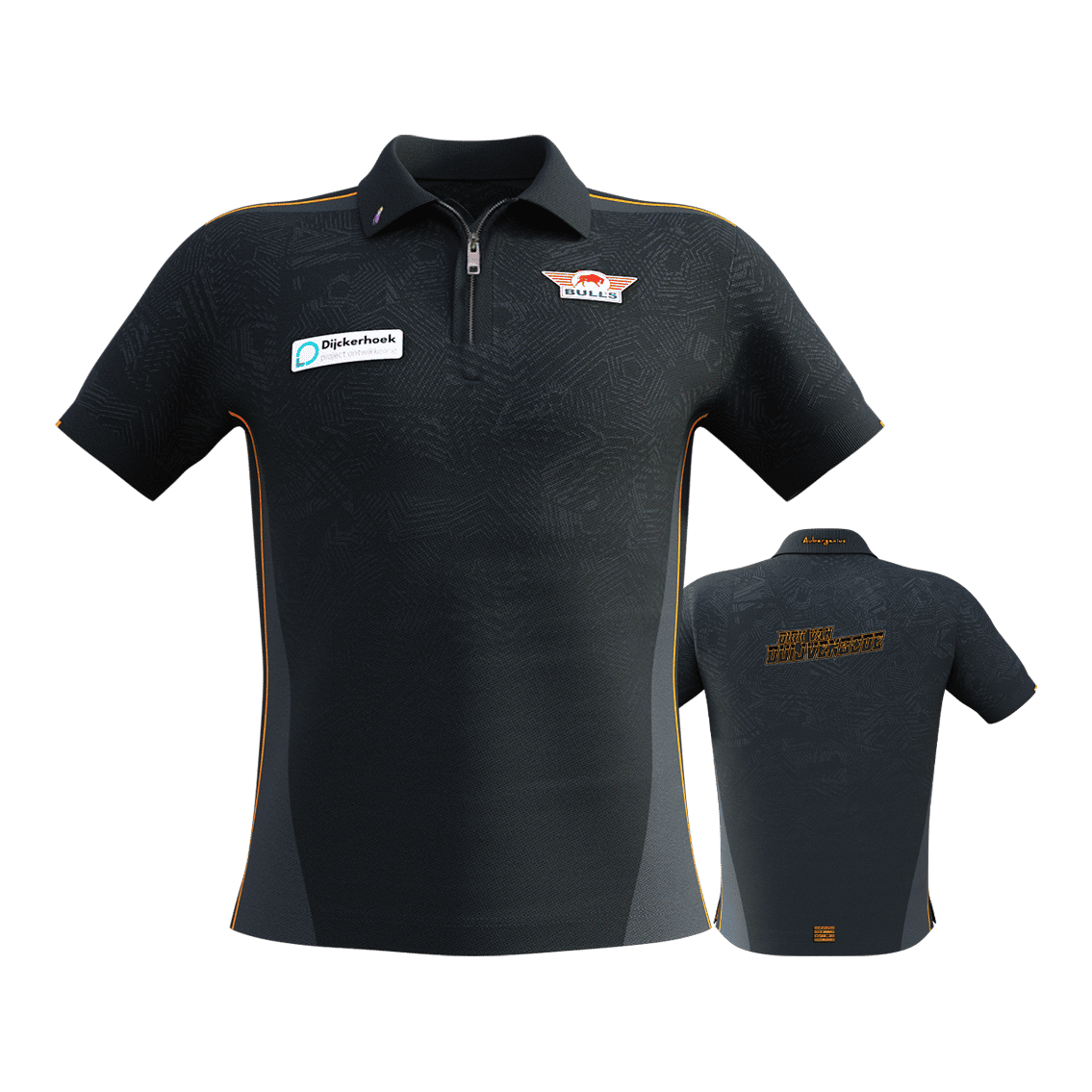 Bulls NL Dirk Van Duijvenbode Matchshirt 2025 Das Bild zeigt das "Bulls NL Dirk Van Duijvenbode Matchshirt 2025" in dunklem Design mit dezenten Mustern und orangenen Akzenten. Auf der Vorderseite sind Logos und Sponsoren zu sehen, während auf der Rückseite der Name "Dirk van Duijvenbode" steht.