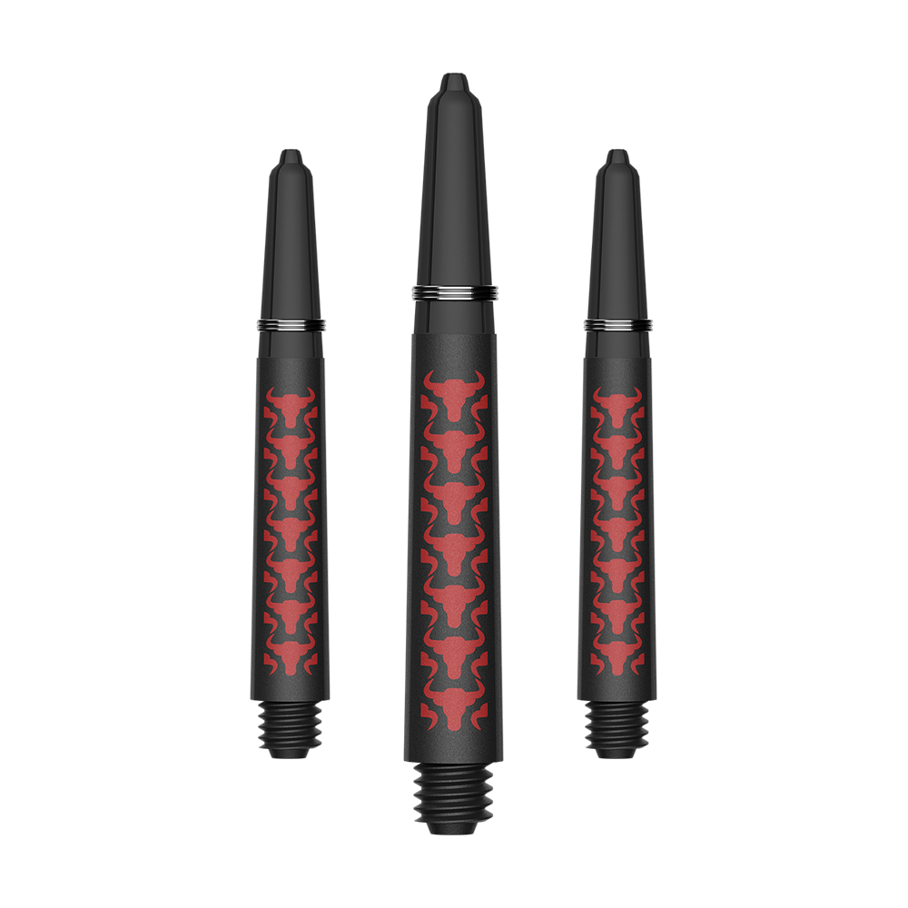 Auf diesem Bild sind rote BullsNL Capo Carbon Shafts in der Ausführung InBetween und 38 mm Länge zu sehen. Die Pfeilschäfte eignen sich ideal für präzises Dartspielen.