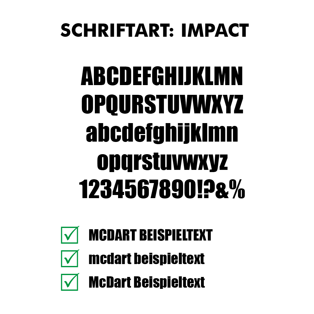 Flightdruck-Schriftart-Impactyns1iNZM6uNkY Das Bild zeigt einen großen, fetten Schriftzug mit dem Text "SCHRIFTART IMPACT" in der Mitte. Darunter sind drei grüne Häkchen mit den Wörtern "Fett", "Kompakt" und "Klar" zu sehen.