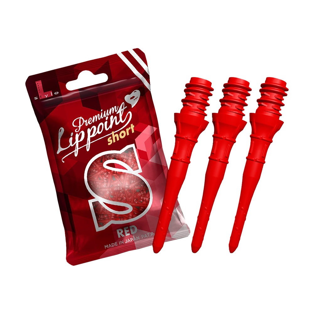 LIP37_L-Style_Premium_Lippoints_Short_Rot_2 Auf dem Bild ist eine Packung mit Premium Lippoints in der Ausführung "short" zu sehen. Daneben liegen drei rote Dartspitzen.