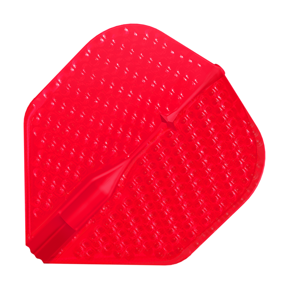Das Bild zeigt ein rotes Dart-Flügelchen mit einer dimpled Oberfläche. Es hat eine leicht glänzende Textur und eine klassische Form.