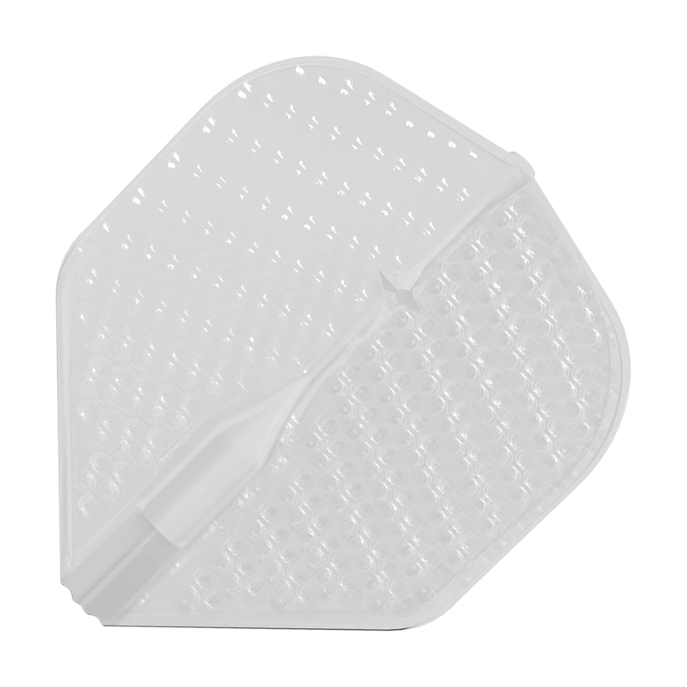 Das Bild zeigt ein durchsichtiges Dartflight mit einer dimpled (genoppten) Oberfläche. Es hat eine klassische, breite Flugform und ist aus Kunststoff gefertigt.