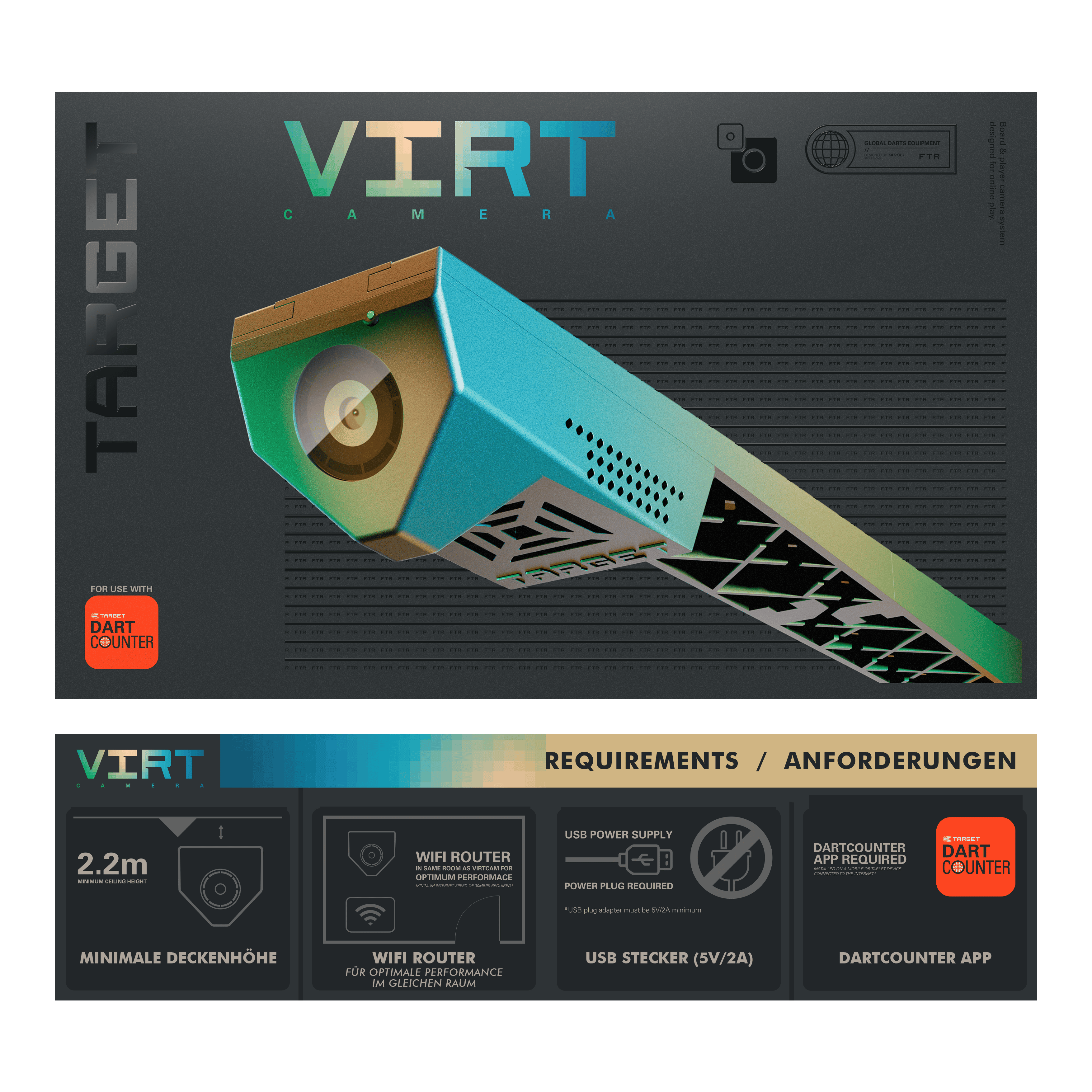 Target VIRT Kamera Das Bild zeigt die Produktverpackung der "Target VIRT Kamera", die in einer modernen, grafischen Gestaltung präsentiert wird. Unten sind die Anforderungen aufgeführt, wie eine Mindestdeckenhöhe von 2,2 m, WLAN-Router, USB-Stecker und die DartCounter App.