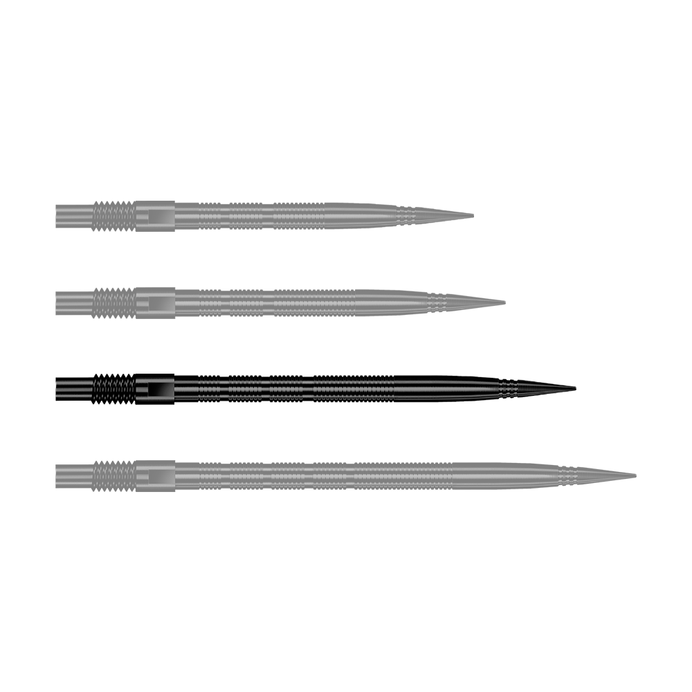 Harrows Quick Point Micro Ridge Dartspitzen - Schwarz Eine einzelne schwarze Dartspitze mit MicroRidge in 35 mm Länge. Die Spitze liegt vor hellem Hintergrund.