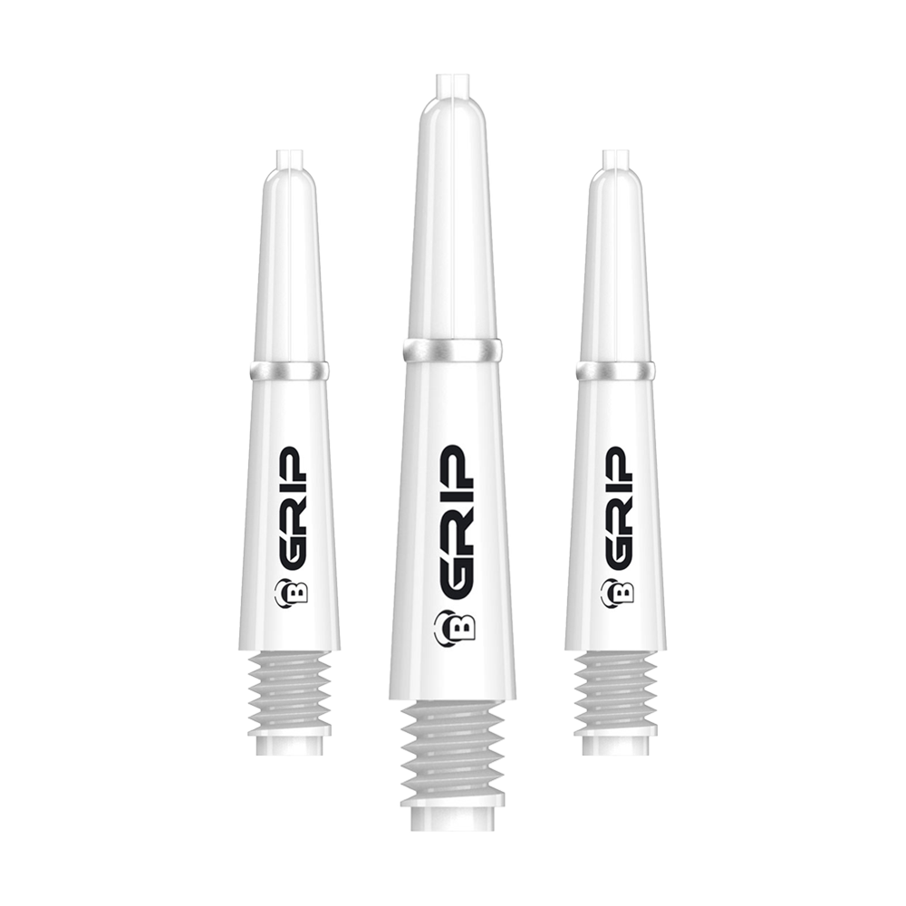 Auf dem Bild sind drei weiße Dartschäfte des Modells "Bulls B-Grip-2 SL" zu sehen. Sie sind schlank geformt und tragen den schwarzen Schriftzug "GRIP" auf der Seite.