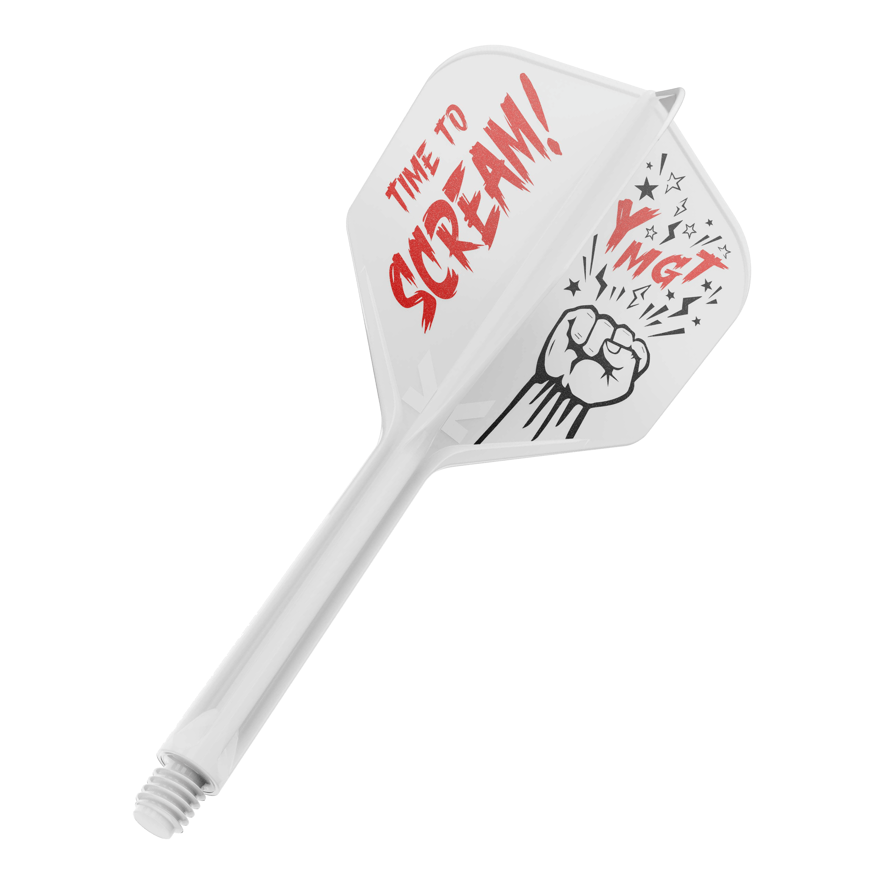 Auf dem Bild ist ein weißes Dartflight mit einem dazugehörigen Schaft zu sehen. Auf dem Flight steht in roten Buchstaben "TIME TO SCREAM!" und daneben ist eine Faust mit Sternen abgebildet.