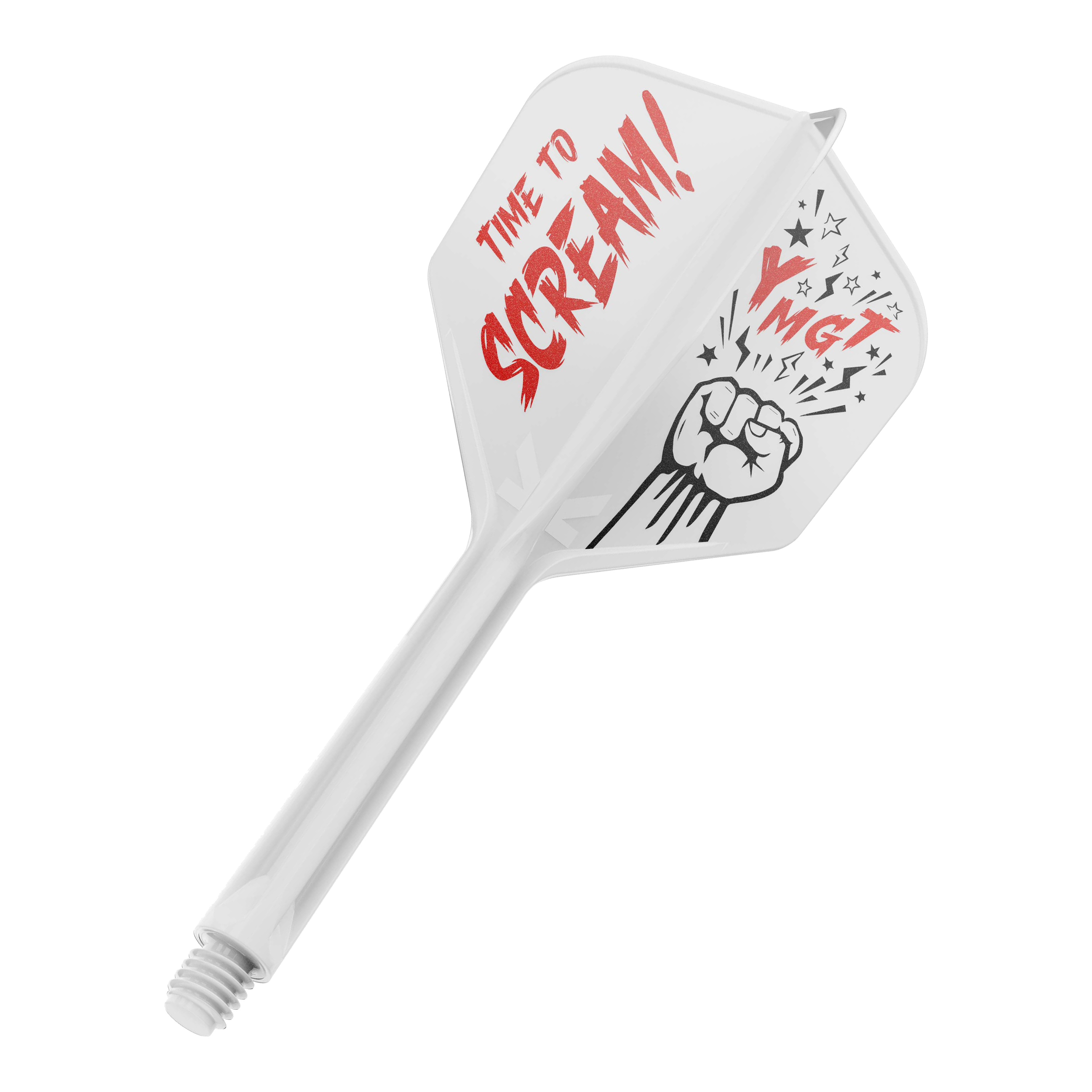 Target Japan K-Flex Scream No6 Flight-Shaft-System Auf dem Bild ist ein weißes Dartflight mit einem dazugehörigen Schaft zu sehen. Auf dem Flight steht in roten Buchstaben "TIME TO SCREAM!" und daneben ist eine Faust mit Sternen abgebildet.