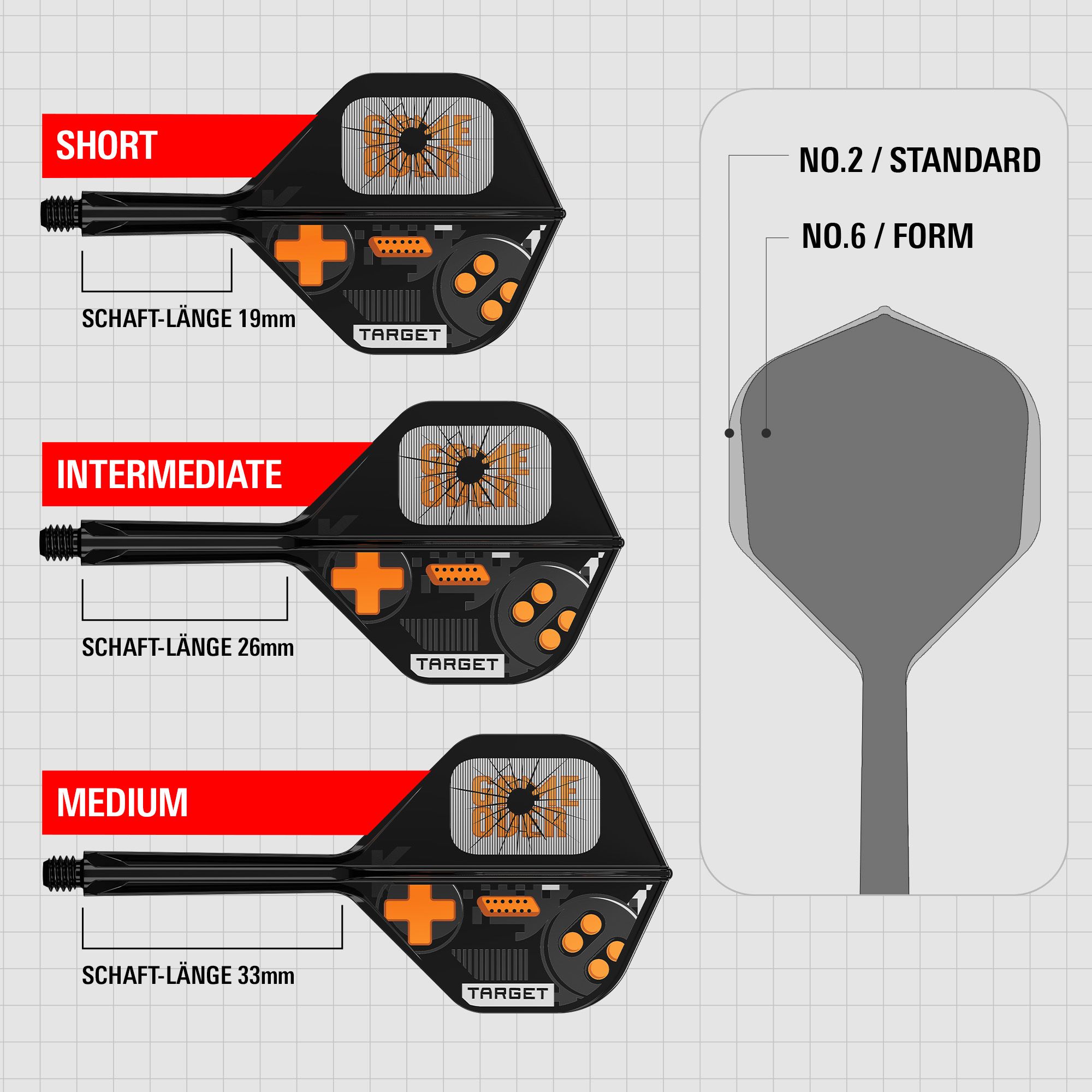 Abgebildet sind die Target K-Flex Game Over No2 Standard Flights. Diese Flights eignen sich für Dartspieler.