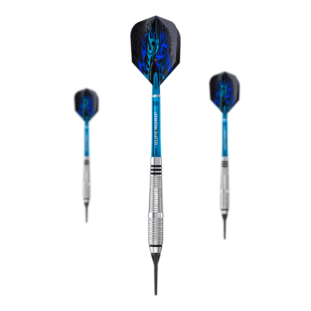 Harrows Blaze Style A Softdarts - 18g Das Bild zeigt drei Softdarts des Produkts "Harrows Blaze Style A Softdarts - 18g". Die Darts haben blaue Schäfte, schwarze Flights mit blauen Flammen und silberne, gerillte Barrels.