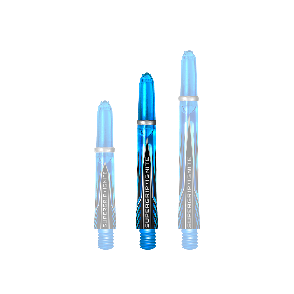 HR387_Harrows_Supergrip_Ignite_Shafts_Aqua_40mm_1 Das Bild zeigt drei blaue Harrows Supergrip Ignite Shafts in der Farbe Aqua, die nebeneinander stehen. Die Shafts sind unterschiedlich lang und haben ein modernes Design mit schwarzen und weißen Akzenten.