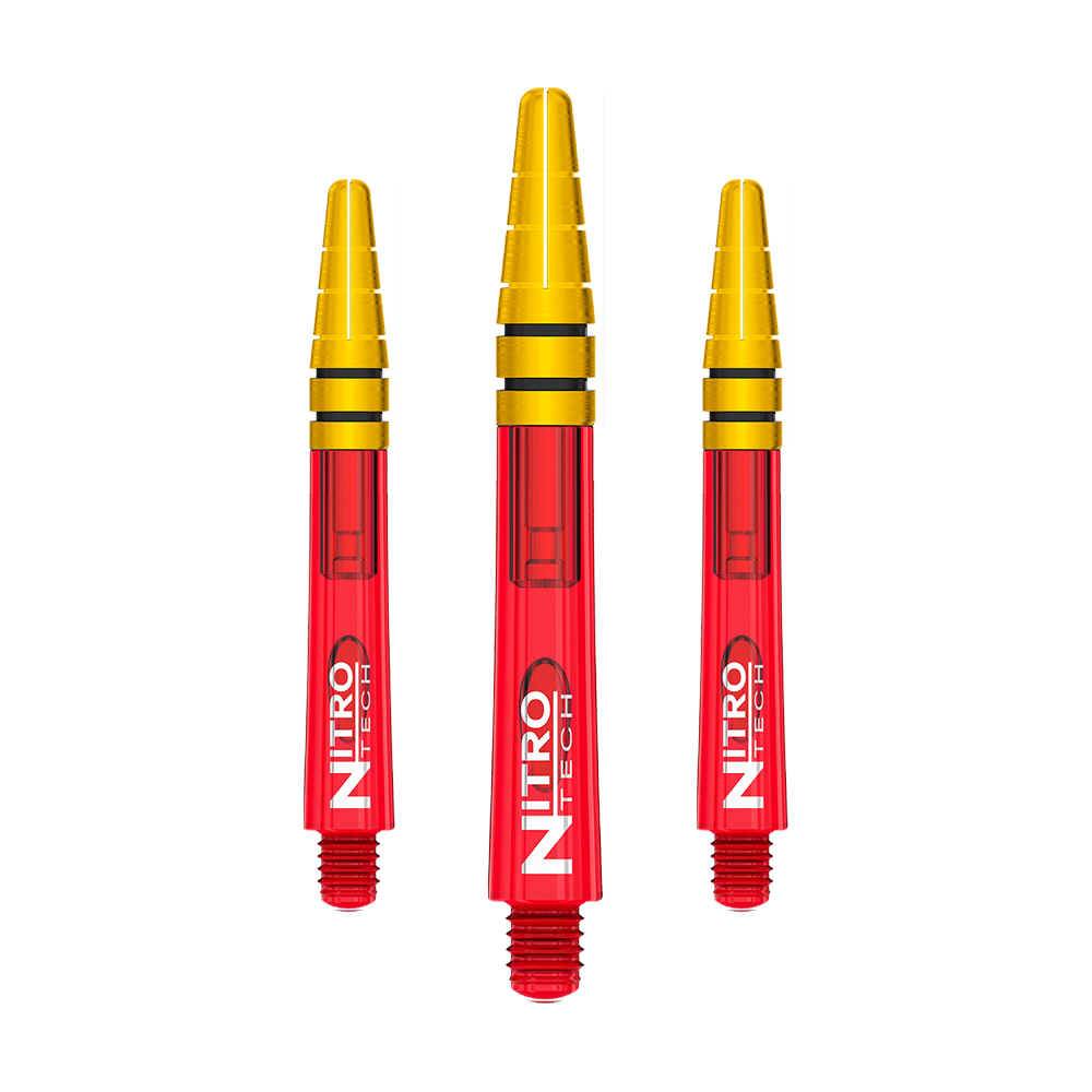 C801_Red_Dragon_Nitrotech_Shafts_Rot_Gold_39mm_1 Das Bild zeigt drei "Red Dragon Nitrotech Shafts - Rot Gold - 39mm". Die Dartschäfte sind rot mit goldenen Spitzen und dem Schriftzug "NITRO TECH" darauf.
