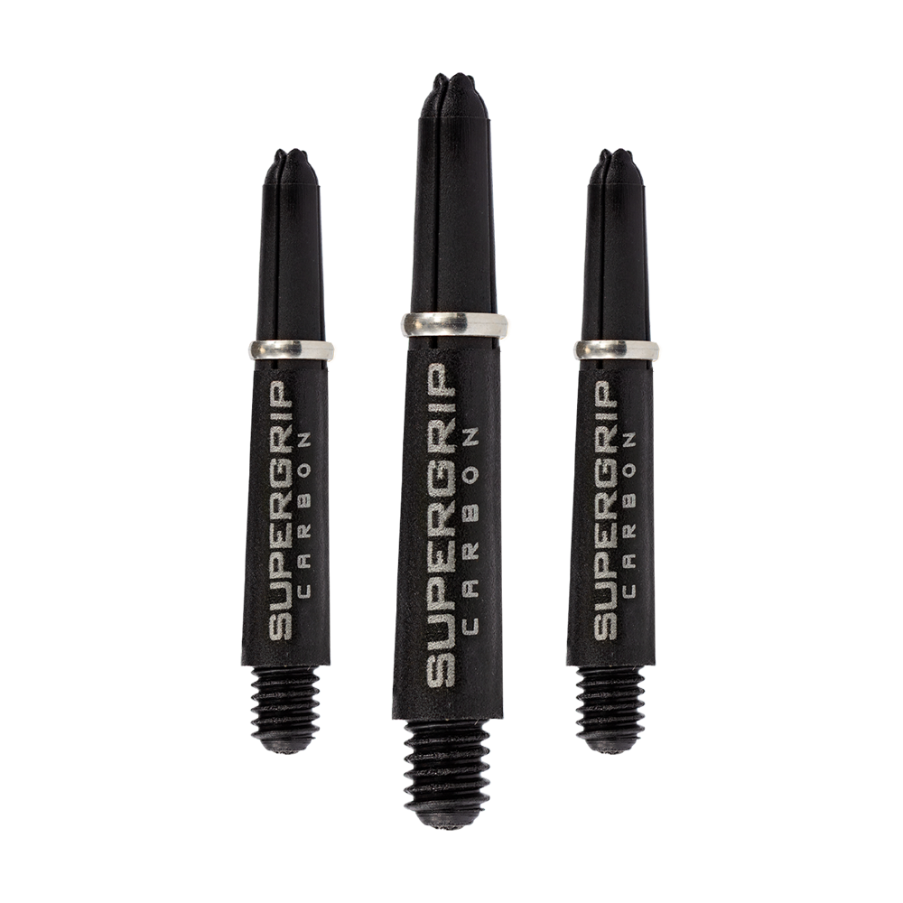 Das Bild zeigt drei Harrows Supergrip Carbon Shafts in Silber. Die Dartschäfte sind aus robustem Carbon gefertigt und haben ein modernes Design.