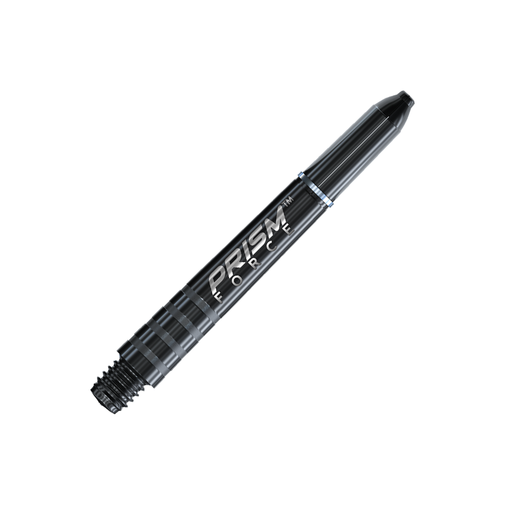 7020-101_Winmau_Prism_Force_Shafts_Schwarz_35mm_2 Das Bild zeigt einen schwarzen Dart-Schaft mit der Aufschrift "PRISM FORCE". Der Schaft hat ein glänzendes, geriffeltes Design und ist etwa 35 mm lang.