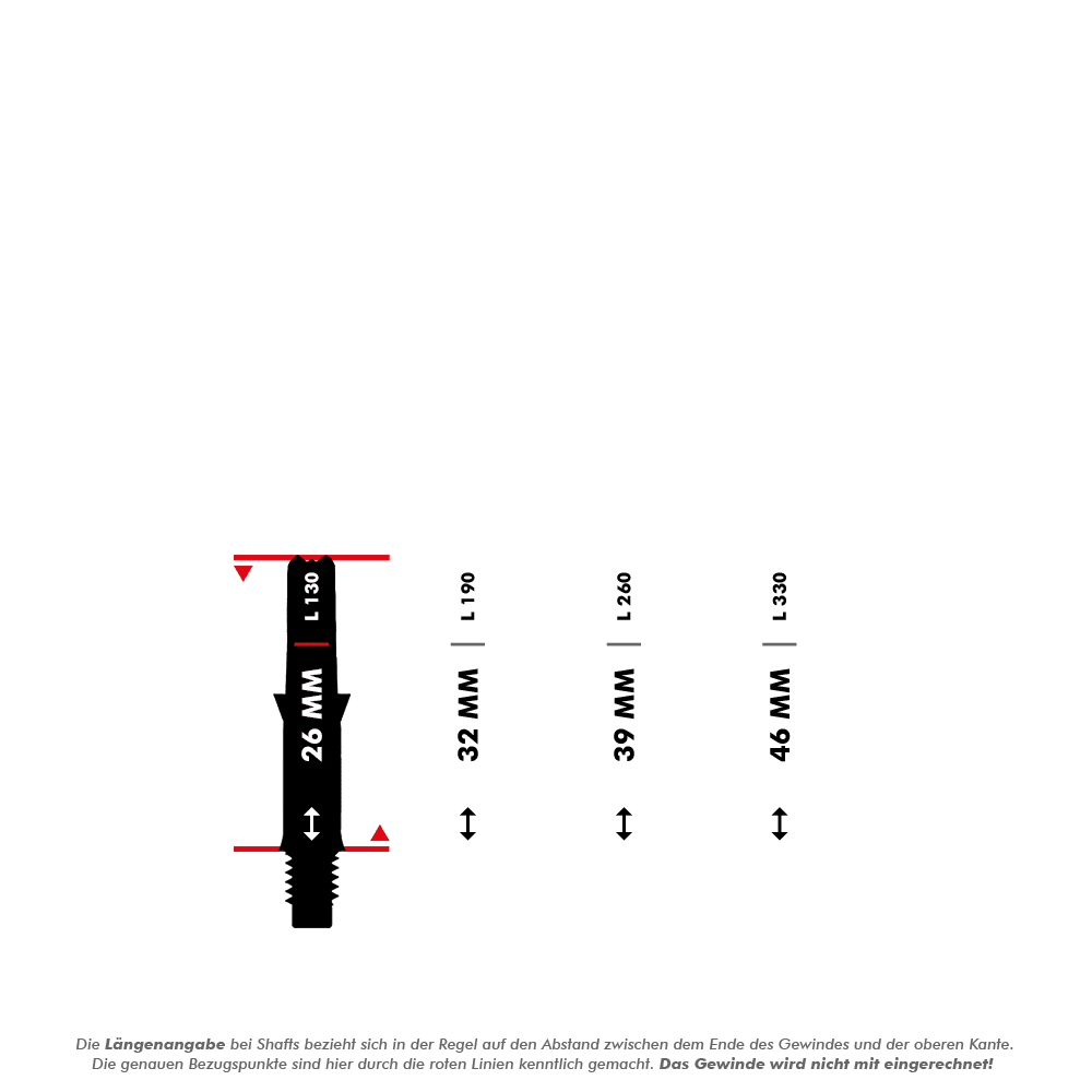 Das Bild zeigt verschiedene Längen von L-Style L-Shafts ohne Kappen, beginnend bei 26 mm. Die Längenangaben beziehen sich auf den Abstand zwischen dem Gewindeende und der oberen Kante, das Gewinde selbst wird nicht mitgerechnet.