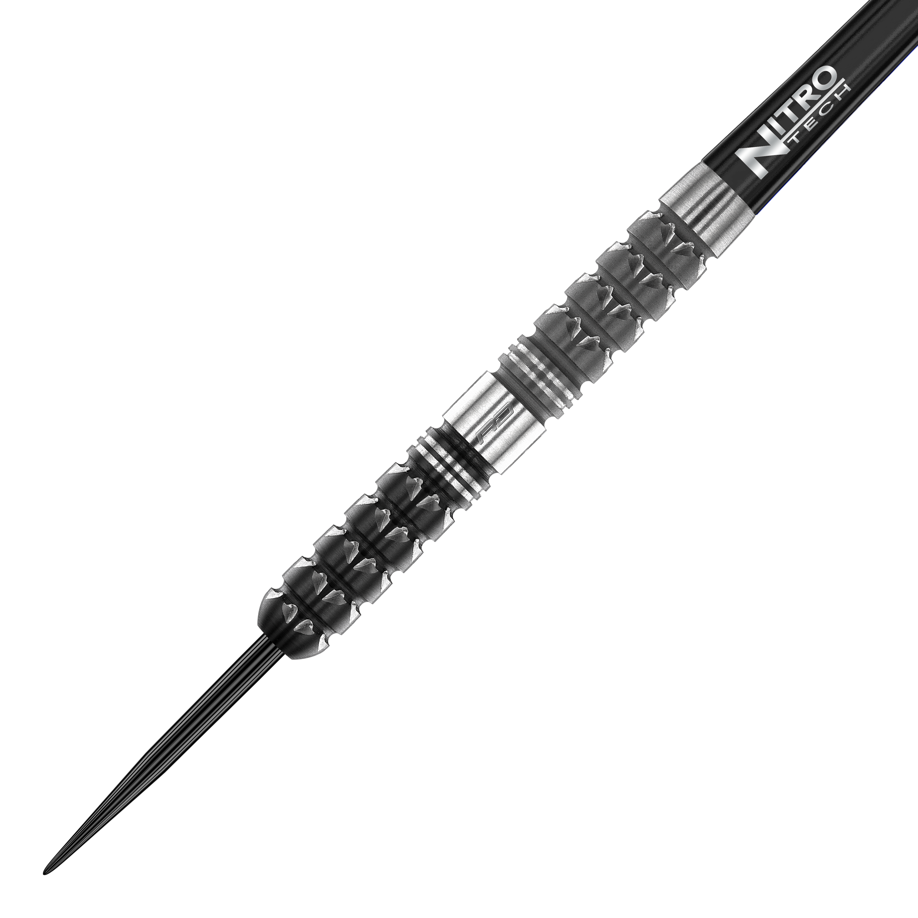 Red Dragon Paradym Tapered Steeldarts Auf dem Bild ist ein Red Dragon Paradym Tapered Steeldart zu sehen. Der Dart hat ein schwarz-silbernes, strukturiertes Griffstück und eine spitze Metallspitze.