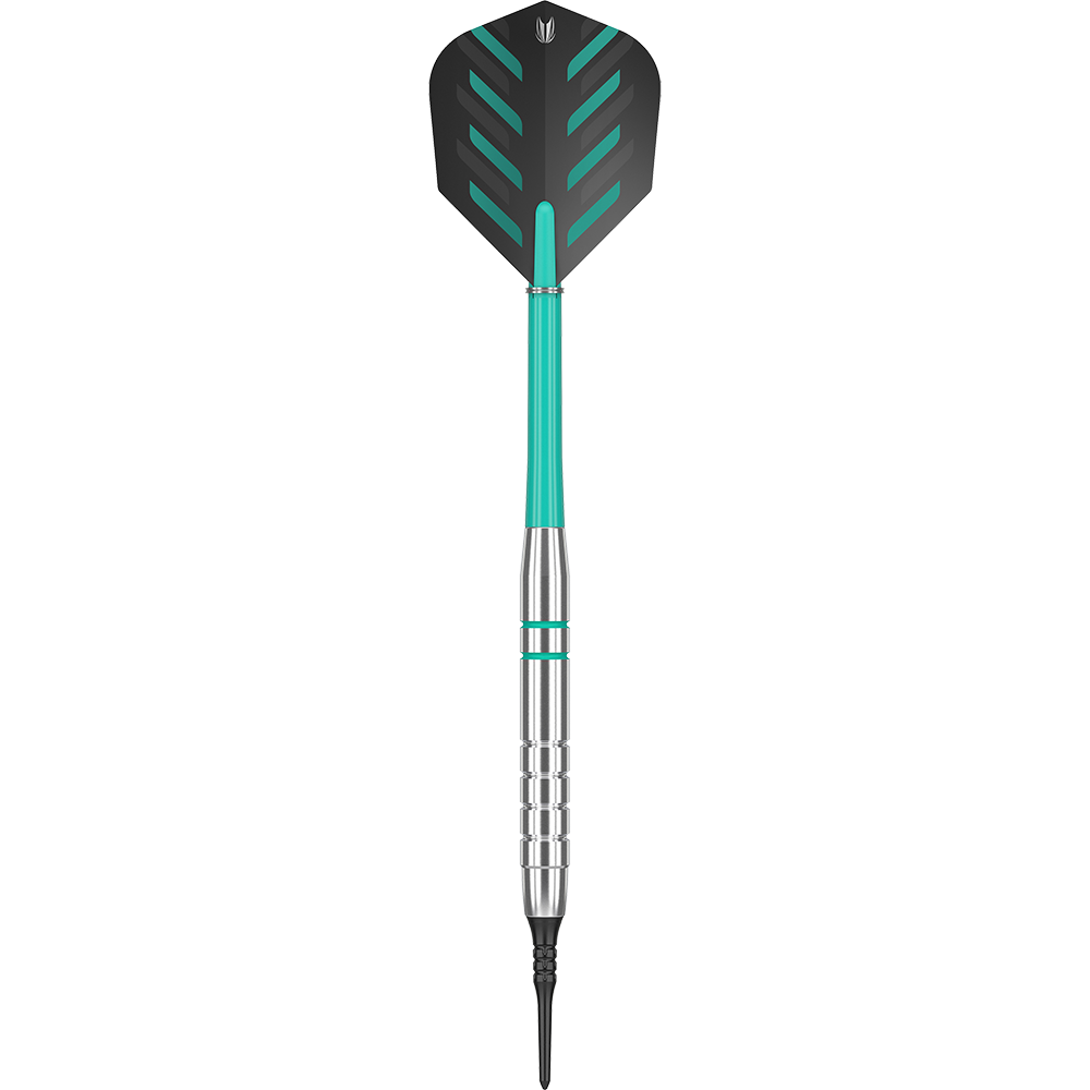 100550_Target_Rob_Cross_Silver_Voltage_Softdarts_1HKmViLZqwgvIe Dies ist ein Target Rob Cross Silver Voltage Softdart mit einem Gewicht von 18g. Der Dart hat eine silberne Spitze, einen türkisfarbenen Schaft und schwarze Flights mit grünen Akzenten.