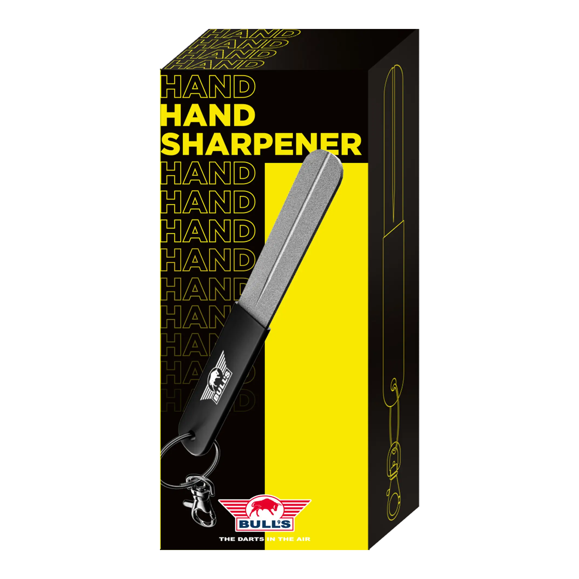 Bulls NL Hand Sharpener Schleifstein Hier sieht man den Bulls NL Hand Sharpener Schleifstein, geeignet zum Nachschärfen von Darts. Das Produkt wird aus einer weiteren Ansicht präsentiert.