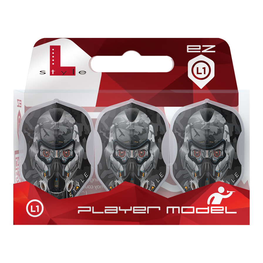L-Style Berry Van Peer V4 Type D Clear White L1EZ Flights Die Abbildung zeigt die "L-Style Berry Van Peer V4 Type D Clear White L1EZ Flights" in einer Verpackung mit drei Flights. Das Design auf den Flights zeigt ein futuristisch wirkendes Masken- oder Helmmotiv in Grau und Schwarz.