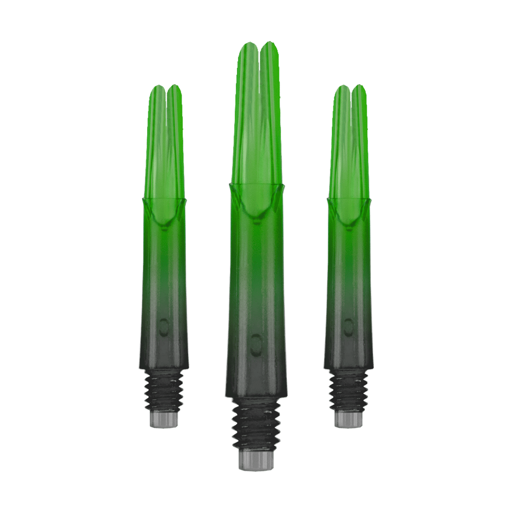 Das Bild zeigt drei grüne, transparente Dartschäfte mit Gewinde am unteren Ende. Die Schäfte sind gerade und haben einen leichten Farbverlauf von grün zu schwarz.